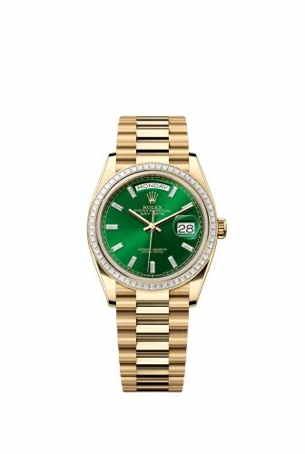 Rolex Day-Date 36 Yellow Gold - Baguette / Bright Green - Baguette / President 128398TBR-0035 (128398tbr-0035)